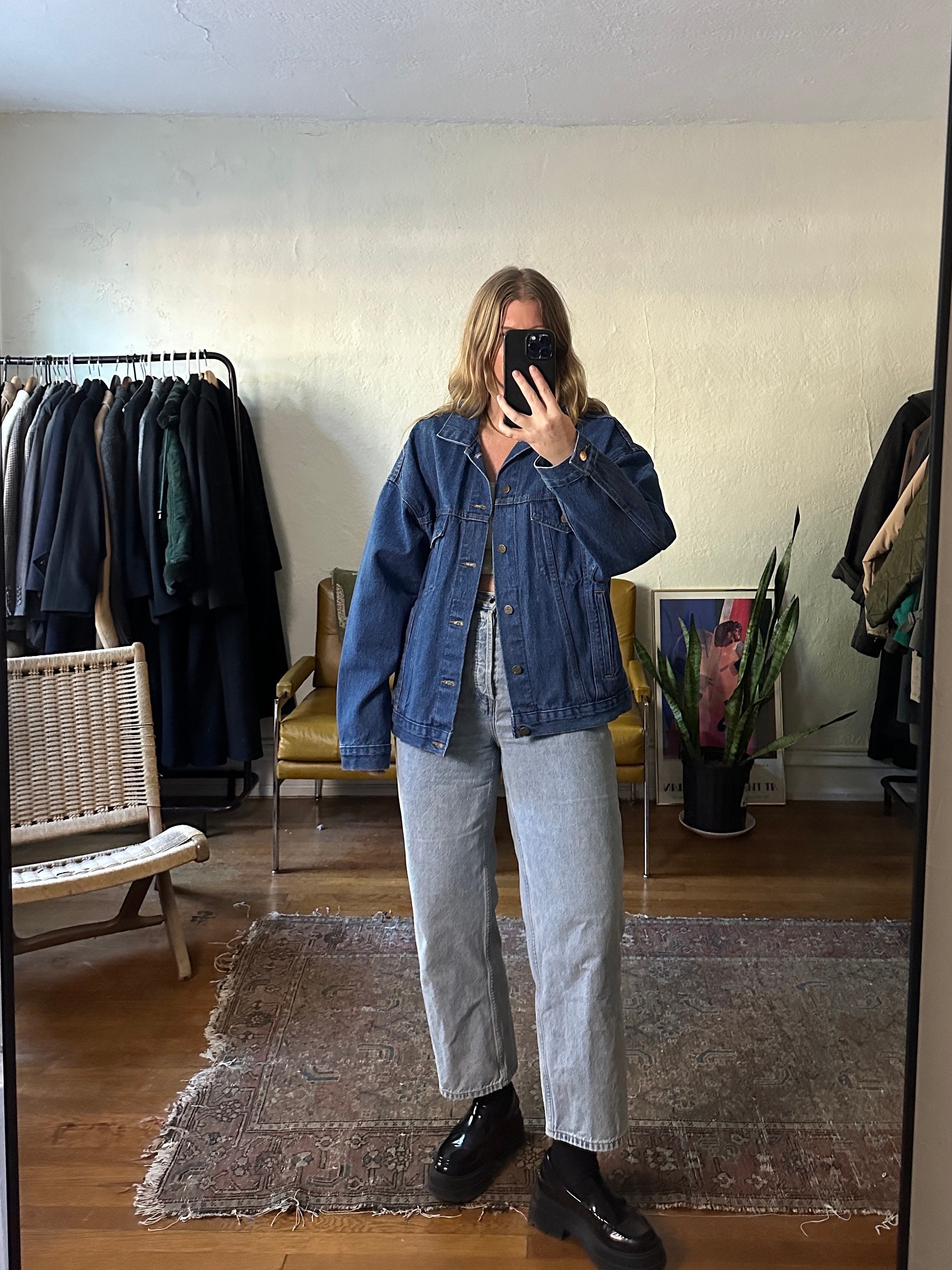 Vintage Denim Jacket With Guitar Design, Oversized Jean Vintage Denim Jacket With Guitar Design, Oversized Jean