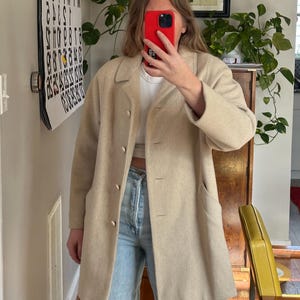 Vintage 80s Beige Wool Coat: Padded Shoulder Short Jacket