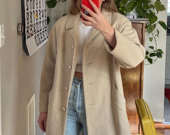 Vintage 80s Beige Wool Coat: Padded Shoulder Short Jacket