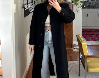 80年代ヴィンテージのブラックウールコート：ロングライントレンチ