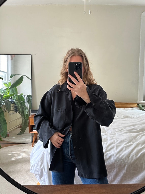 Vintage black silky button down, Oversized black … - image 2