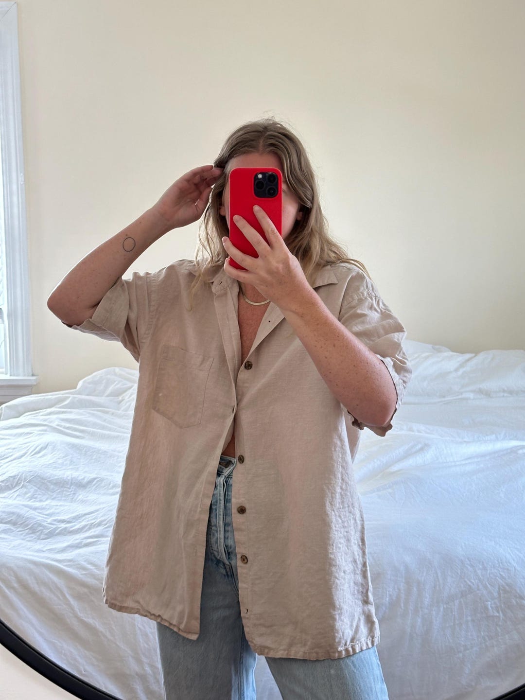 Oversized Beige Linen Short Sleeve Shirt, Vintage Linen Button Down ...