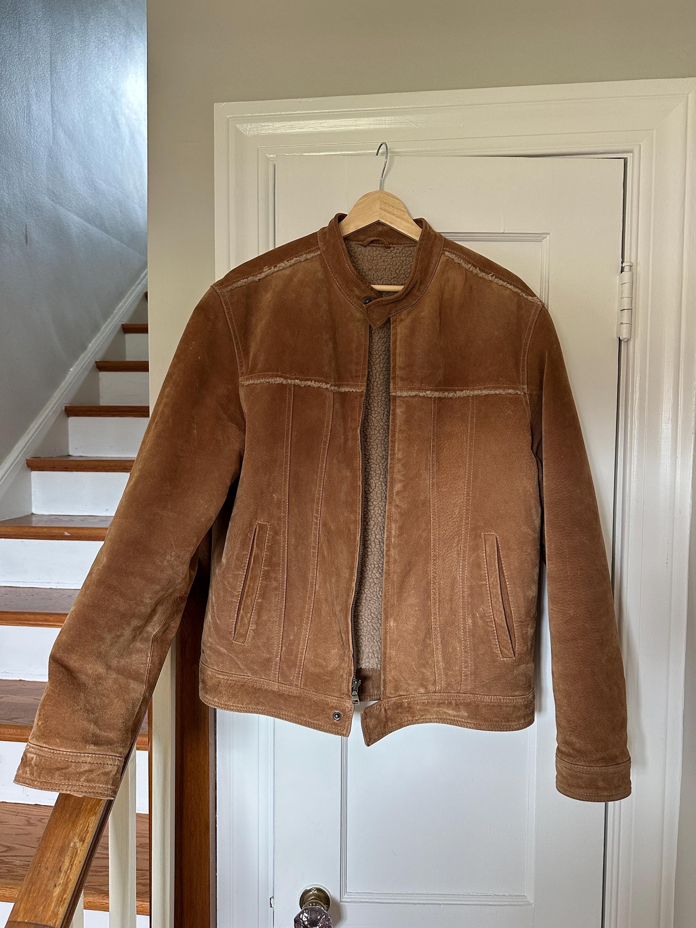Vintage Tan Suede Leather Moto Jacket With Faux Sherpa Lining