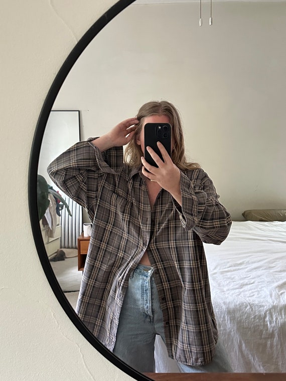 Oversized brown plaid Button Down, checkered shirt