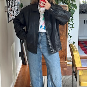 Vintage Black Leather Bomber Jacket: Oversized 80s Reed Leather