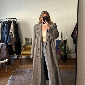 Vintage Herringbone Coat, grey coat, Oversized coat, grey wool coat, full-length, long grey coat, tweed coat