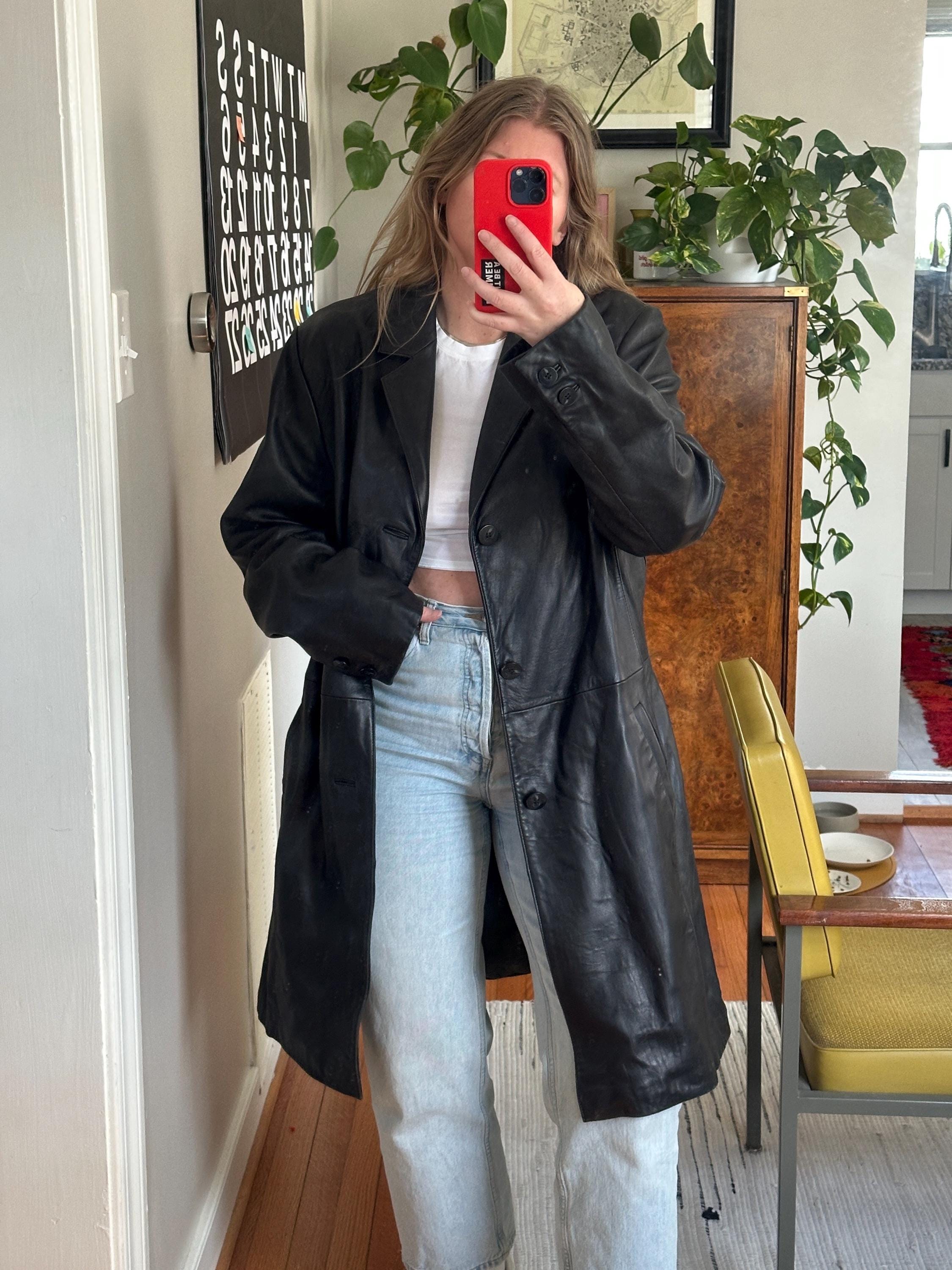 Vintage Black Leather Midi Jacket: Oversized 90s Coat - Etsy
