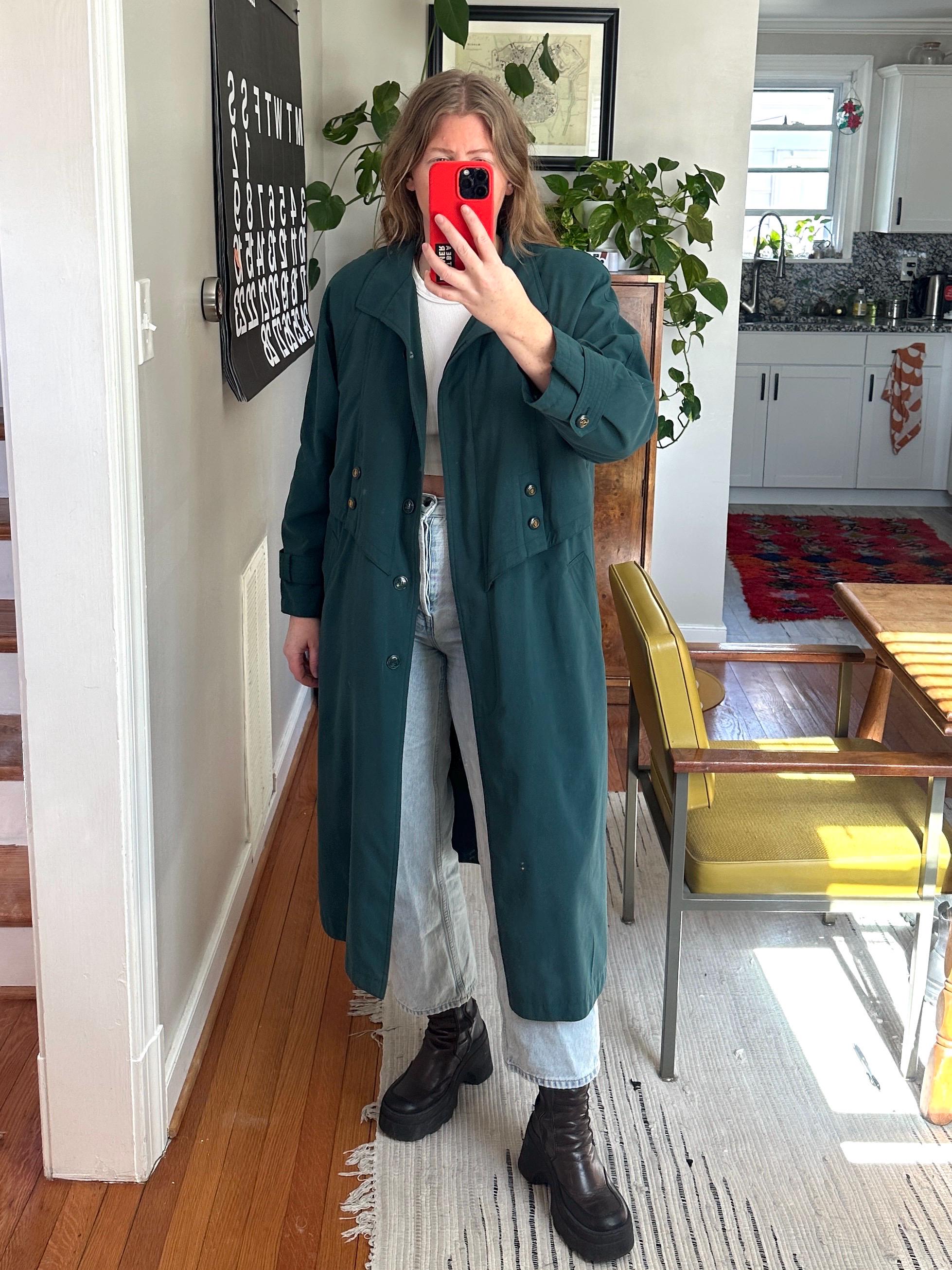Vintage Dark Green Oversized Trench Coat: Full Length Classic