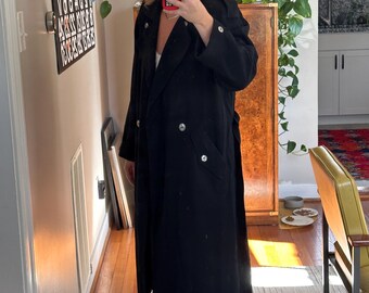 Vintage Black Oversized Wool Trench Coat: 90s Style, Made in USA