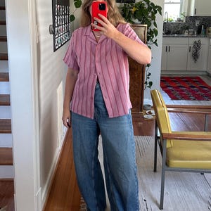 Vintage Pink Striped Button-Down Shirt: Oversized Short Sleeve Top