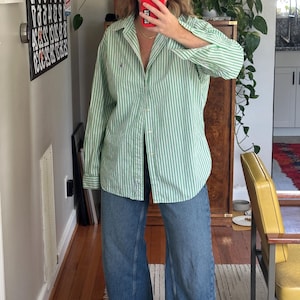 Vintage Ralph Lauren Green Striped Button-Down Shirt: Oversized Fit