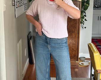 Vintage Light Pink Short Sleeve Sweater: Oversized 90s Knit Top