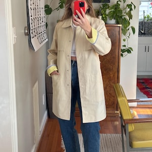 Vintage Beige Short Trench Coat: Oversized Cotton Jacket, Yellow Details