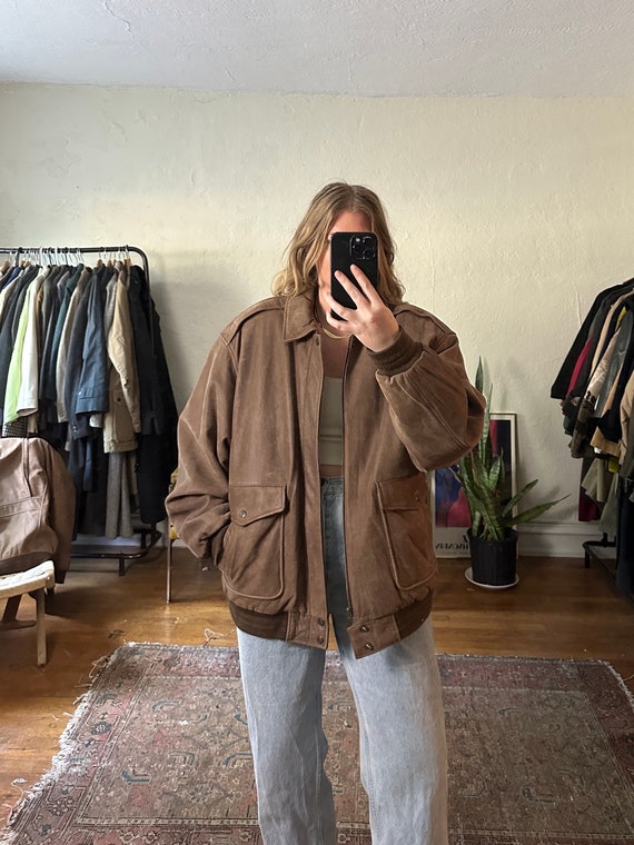 Vintage Brown Leather bomber jacket, oversized ja… - image 2