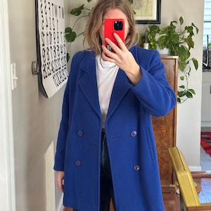 Vintage 80s Blue Wool Coat: Double Breasted Short Jacket