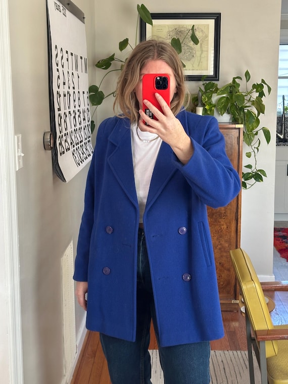Vintage 80s Blue Wool Coat: Double Breasted Short Jacket - Etsy