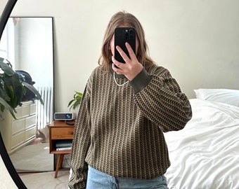 Vintage Neutral Patterned Sweater, checkered sweater, Oversized green and brown sweater, vintage clothing, fine merino wool pullover