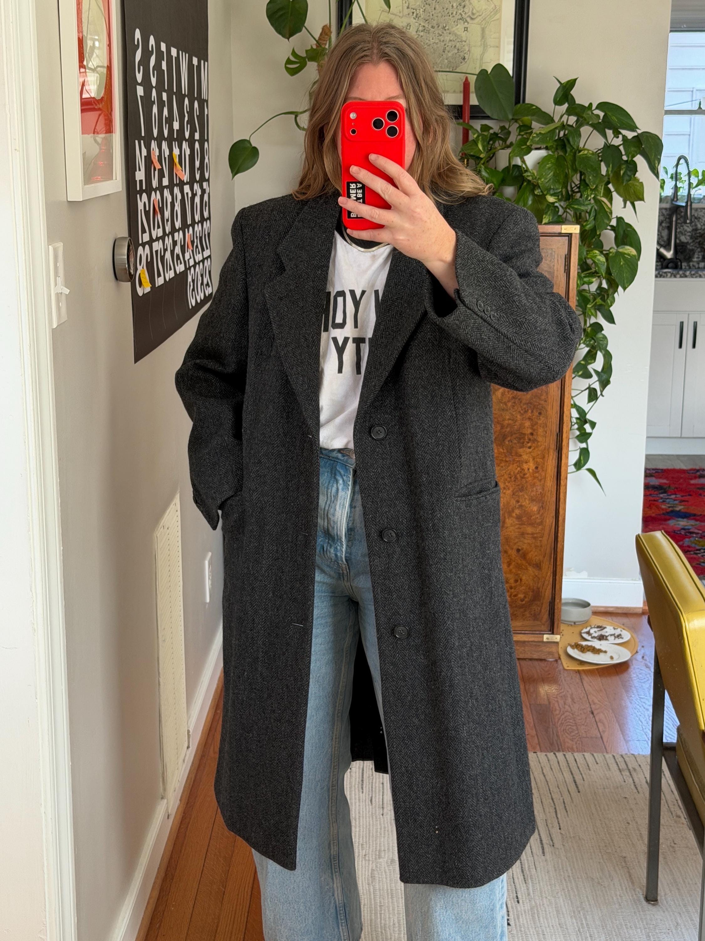 Vintage Dark Gray Herringbone Wool Coat - Oversized 80s Fit - Etsy