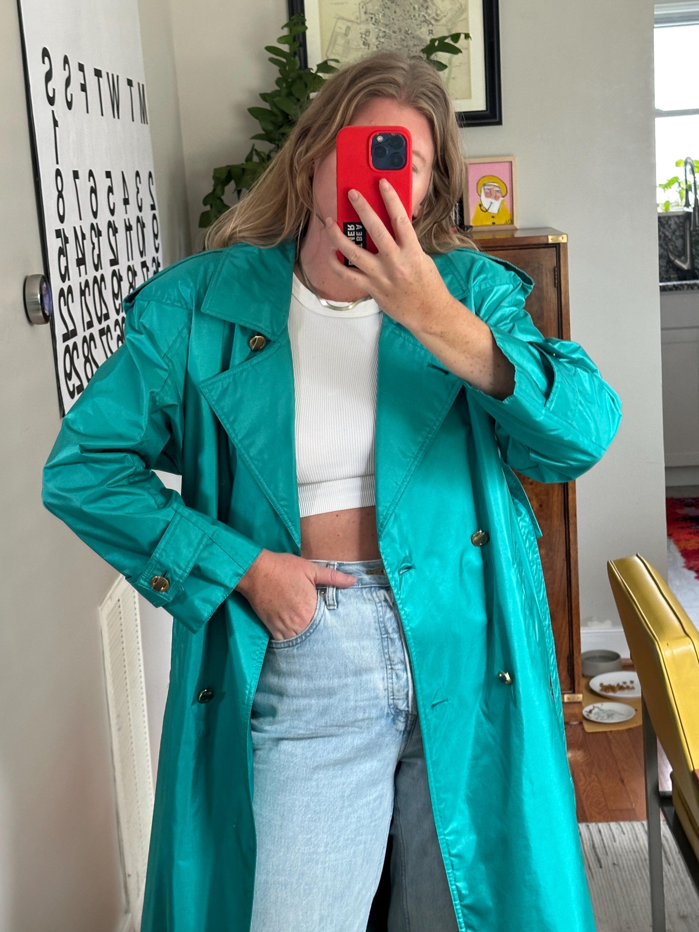 Vintage 80s Teal Trench Coat: Oversized Shiny Green