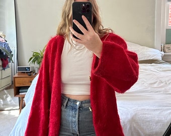Vintage red mohair Cardigan, red fuzzy sweater, 80s, 90s, vintage clothing, red v-neck cardigan sweater
