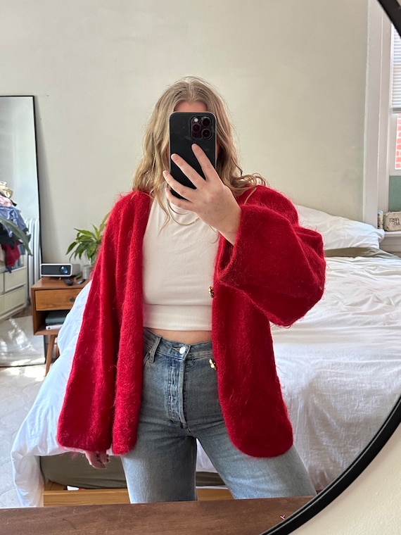 Vintage red mohair Cardigan, red fuzzy sweater, 80