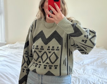 Vintage Knit Sweater: Mint Green Geometric Pattern, 90s Style