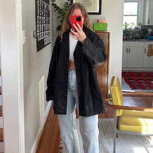 Veste en cuir noire vintage des années 90, veste surdimensionnée, années 80, 90, manteau en cuir vintage, rétro