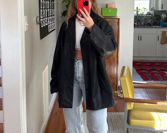 Vintage 90s Black Leather Jacket: Oversized Retro Coat