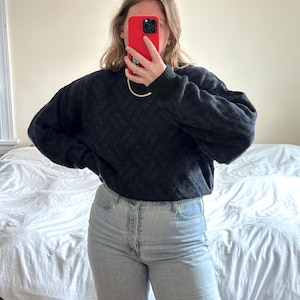 Vintage dark blue patterned Sweater, oversized blue sweater, navy blue and green patterned sweater, vintage clothing, knit pullover