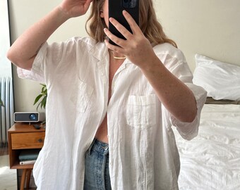 Vintage linen white short sleeve Button Down, oversized white linen shirt, Oversized shirt, boyfriend shirt, short sleeve