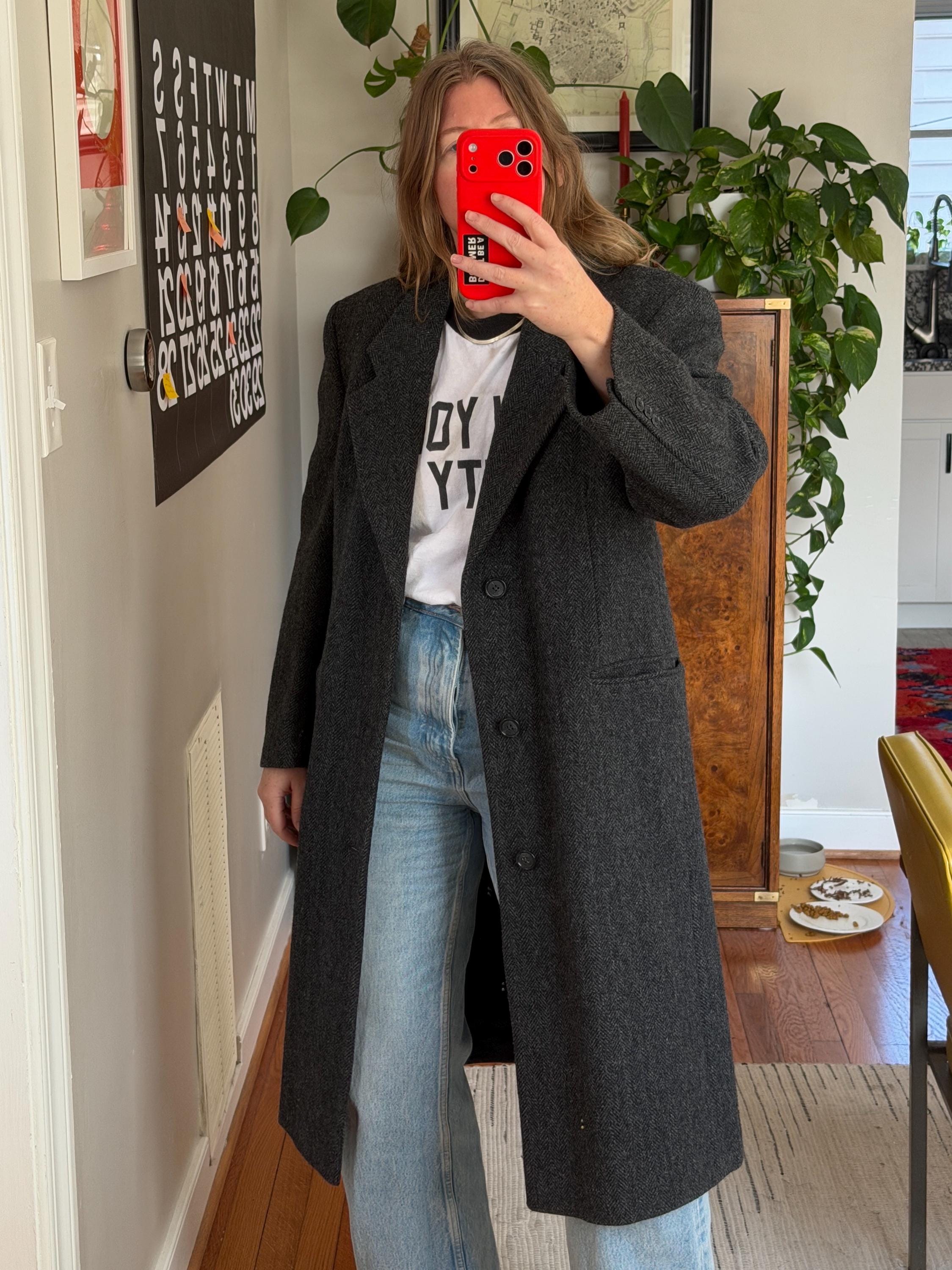 Vintage Dark Gray Herringbone Wool Coat - Oversized 80s Fit - Etsy