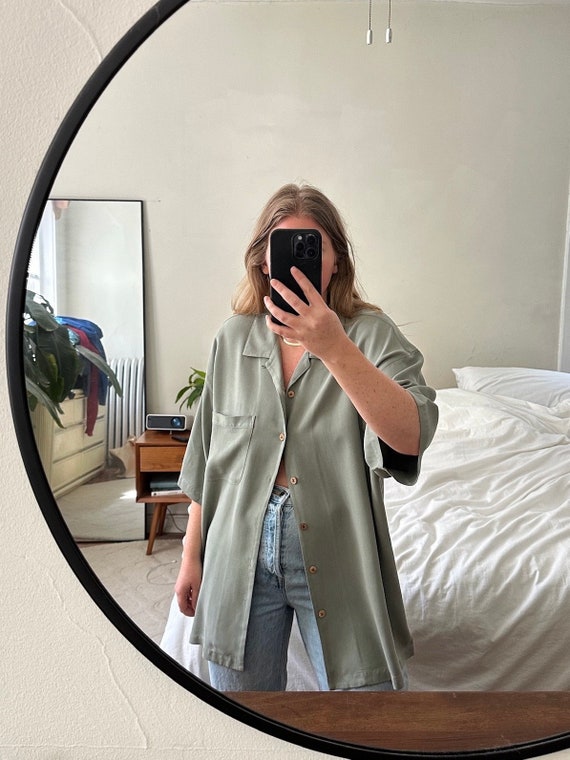 Oversized sage green silk short sleeve Shirt, over