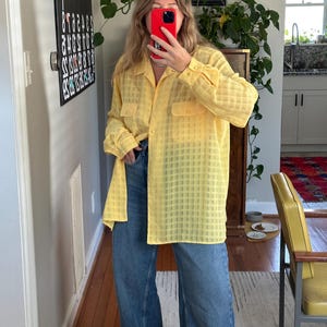 Vintage 80s yellow long sleeve blouse, yellow plaid shirt, oversized yellow button down