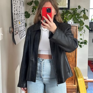 Vintage Black Lambskin Leather Jacket: 90s Oversized Retro Coat