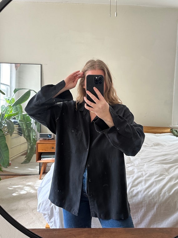 Vintage black silky button down, Oversized black … - image 1