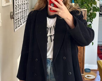 Vintage 90s Black Wool Short Coat Jacket for Women With Knitted