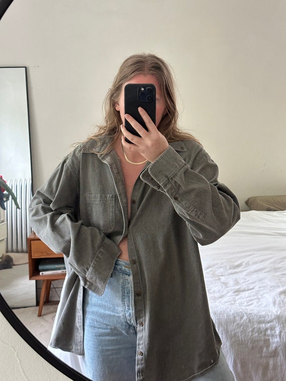 Vintage Faded Grayish Green Button Down, oversize… - image 7