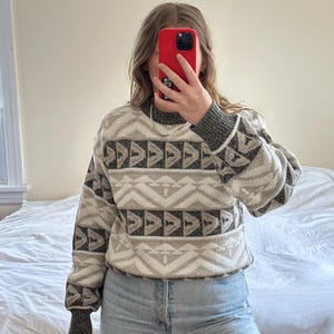 Vintage neutral patterned Sweater, oversized neutral sweater, tan knit sweater, vintage clothing, knit pullover