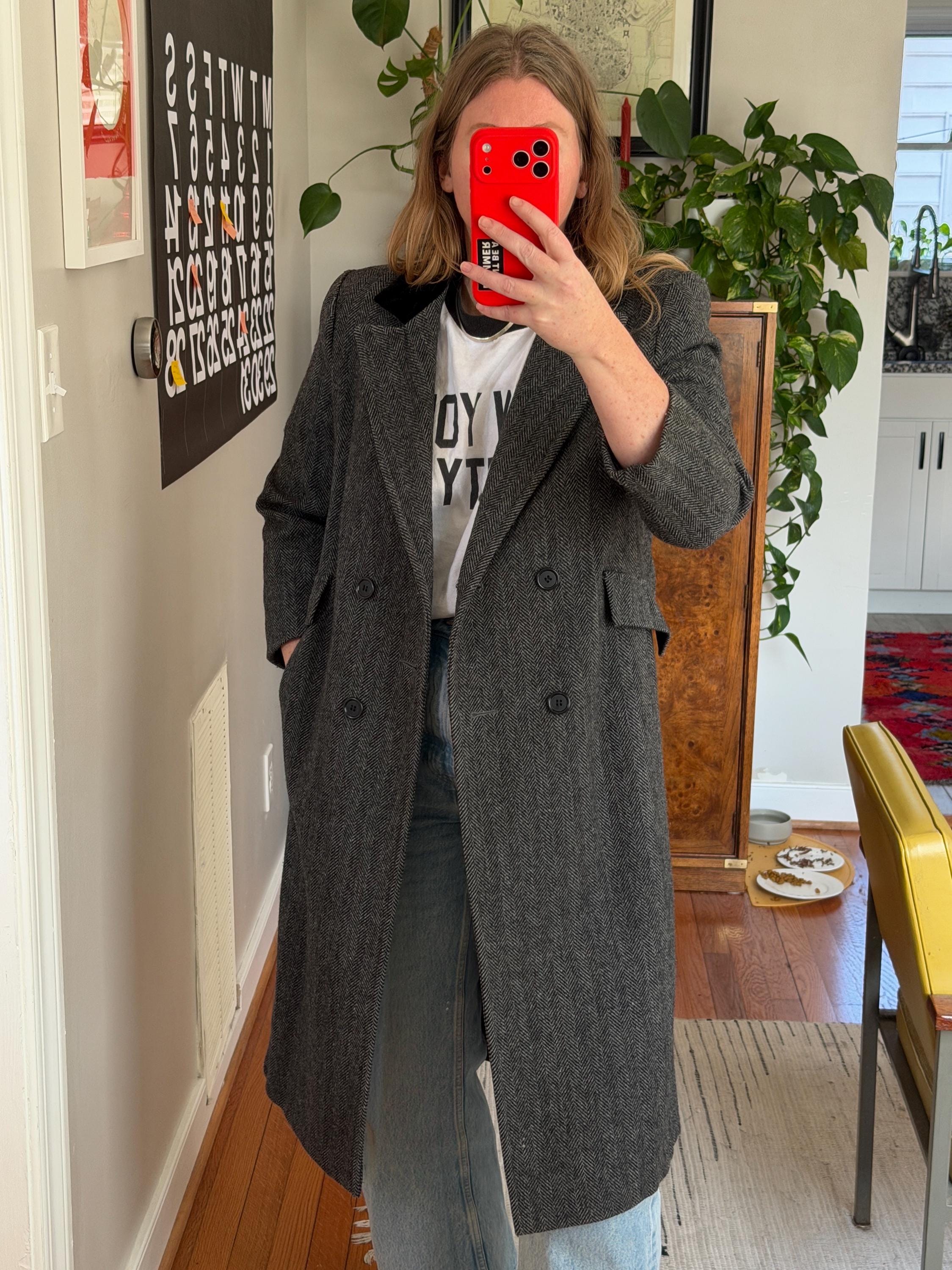 Vintage Dark Gray Herringbone Wool Coat With Black Velvet Collar