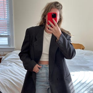 Vintage Striped Gray Wool Blazer: Oversized Dad Blazer