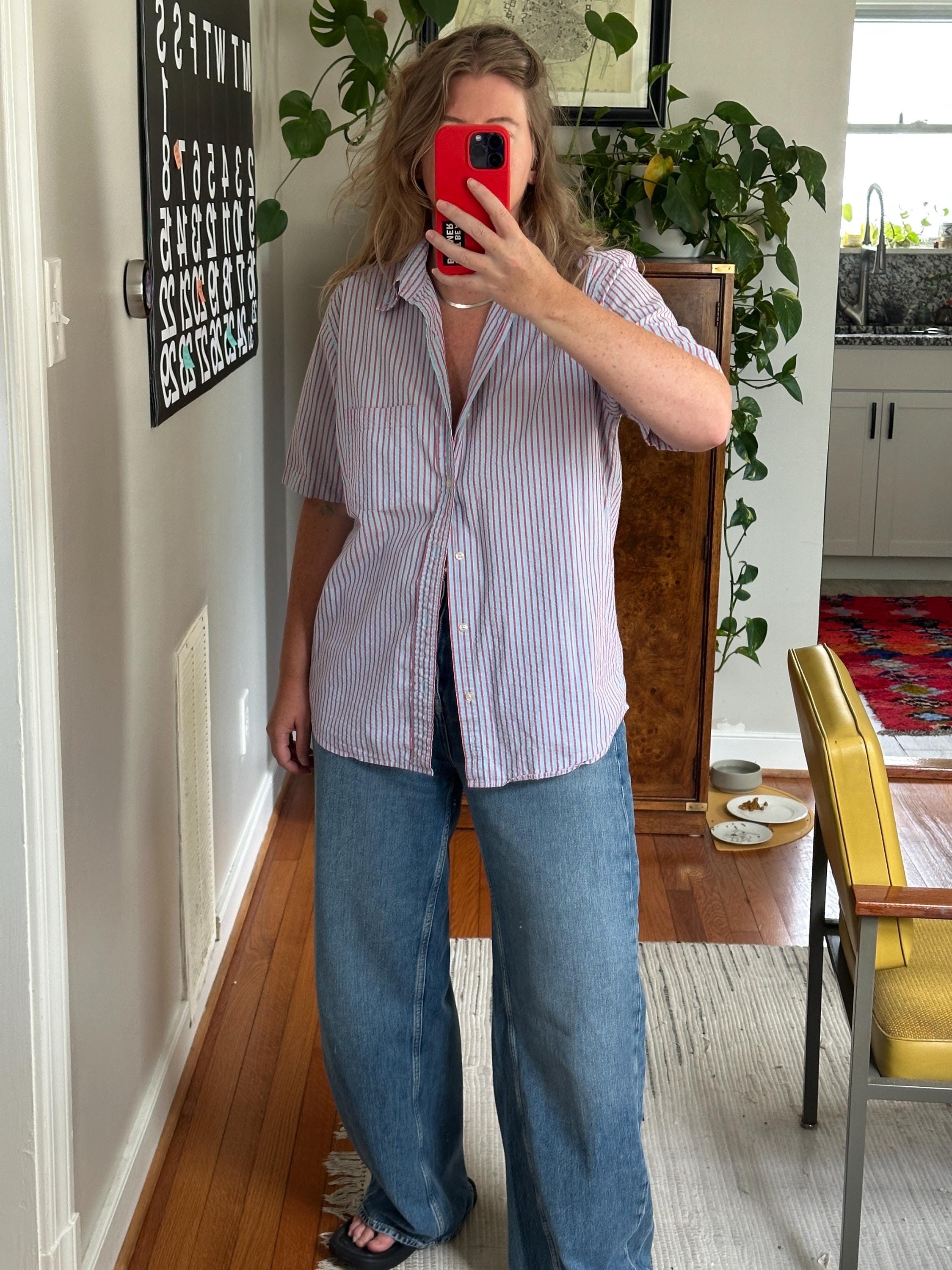 Vintage Striped Seersucker Shirt: Oversized Cotton Button