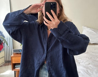 Vintage navy blue linen Button Down, navy blue shirt, Oversized linen shirt, oversized dark blue button down, boyfriend shirt