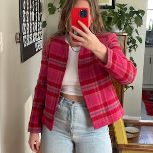 Vintage Cropped Plaid Jacket: Pink & Red Wool Blend, Chanel-Inspired