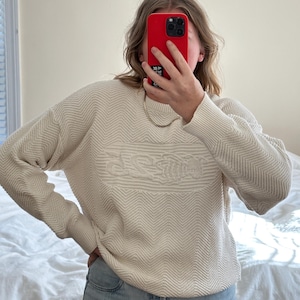 May include: A white knitted jumper with a chevron pattern and the word "Guess" embossed on the front.