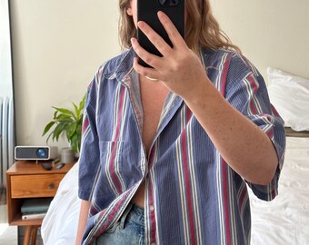 Vintage rayas manga corta Button Down, camisa de manga corta a rayas azules de gran tamaño, camisa de rayas de gran tamaño, camisa de novio