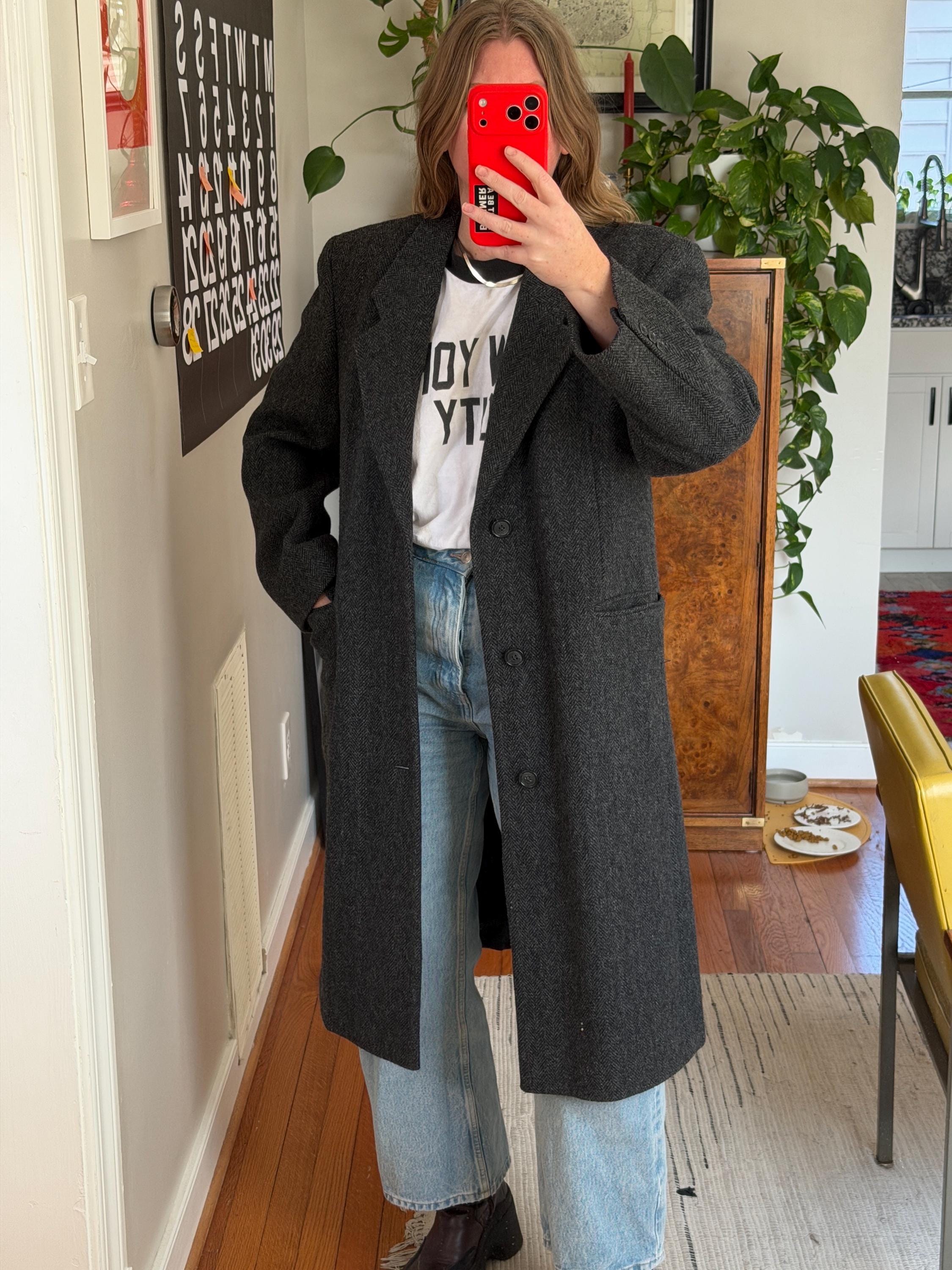 Vintage Dark Gray Herringbone Wool Coat - Oversized 80s Fit - Etsy