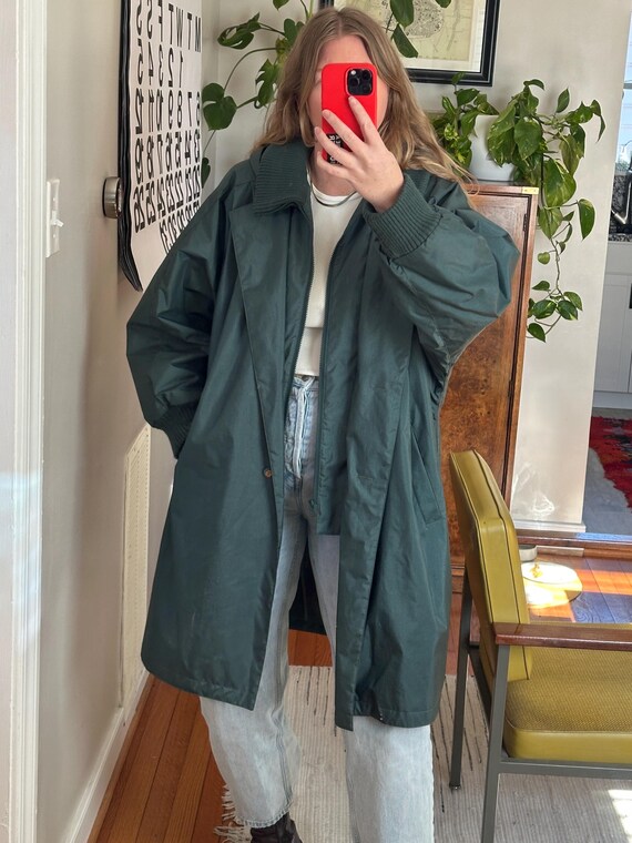 Vintage Dark Green Oversized Trench Coat With Hood: 80s