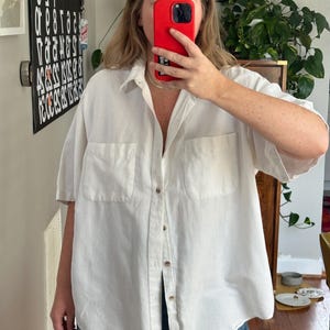 Vintage White Linen Blend Shirt: Oversized Short Sleeve Button-Up