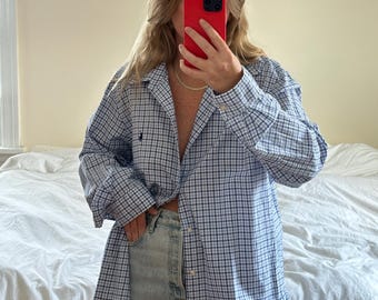 Vintage Ralph Lauren Plaid Button-Down Shirt: Oversized Blue & White Cotton