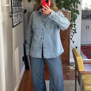 Vintage Oversized Denim Button-Down Shirt: Western Style Cotton